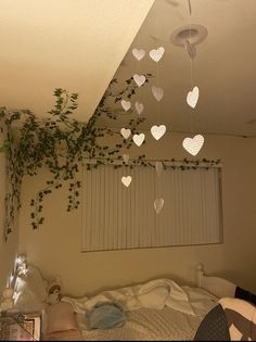 a room with a bed, window and plant hanging from the ceiling