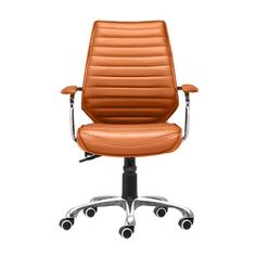 an orange office chair with wheels on the back and seat upholstered in leather