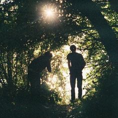 two people standing in the middle of a forest with sun shining through trees behind them