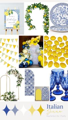 a collage of blue and yellow items including plates, vases, lemons and flowers