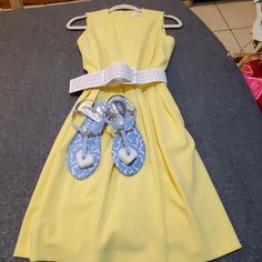 Dress Calvin Klein Yellow Bundle With Blue Sparkle Sandals, Dress Is Yellow With White Belt, Beautiful Yellow Spring Color Go Great With Summer- Never Worn Was In The Closet Sandals Size 7 But I Also Have Size 6, 8, 9, And 10. Dress Goes Only With Choose Of One Pair Of Sandals. Yellow Calvin Klein Dress, Sparkle Sandals, Blue Sparkle, Yellow Springs, In The Closet, Spring Color, Blue Sparkles, White Belt, Calvin Klein Dress