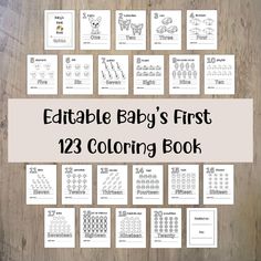 the printable baby's first 123 coloring book is displayed on a wooden surface