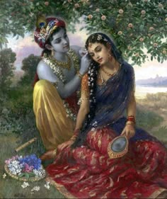 a painting of two women sitting under a tree