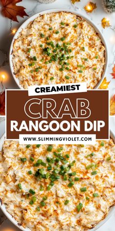 crab rangoon dip in a white dish with autumn leaves around it and text overlay that reads cramfest crab rangoon dip