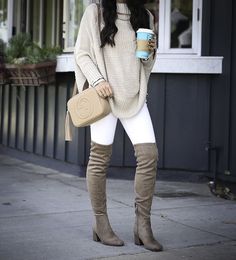 petite cable knit poncho over the knee boots neutral fall outfit How To Wear Thigh High Boots, Nude Sweater, Casual Winter Boots, Neutral Fall Outfits, White Skinnies, Knot Sweater