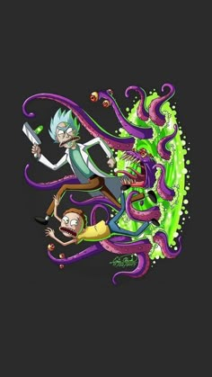 rick and mort in the style of cartoon characters with tentacles on their backs, one holding a