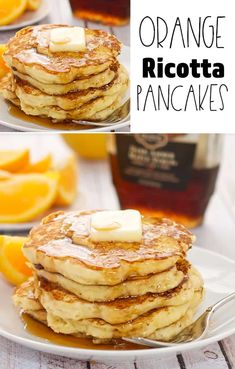 orange ricotta pancakes on a plate with syrup and sliced oranges in the background