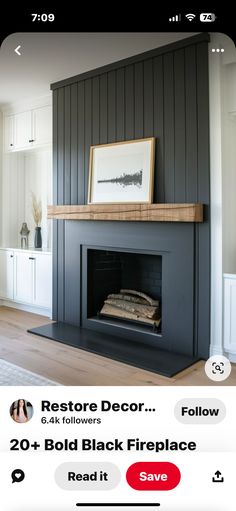 the fireplace is painted black with white trim