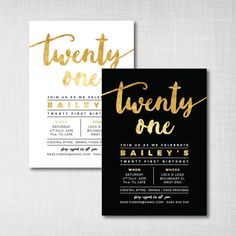 two black and gold birthday party cards with the word twenty one on it in gold foil