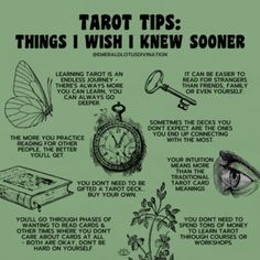 a green poster with instructions on how to use tarot tips and what to do about it