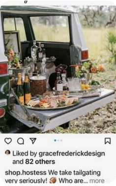 an old car is covered with food and drinks