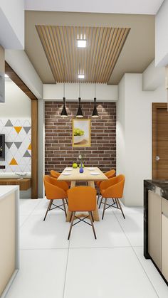 a dining room table with orange chairs in front of a brick wall and white floor