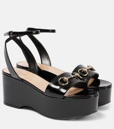 Horsebit leather platform sandals in black - Gucci | Mytheresa Bridal Bag, Gucci Horsebit, Mid Heel Sandals, Sunglass Chain, Leather Platform Sandals, Gucci Black, Gucci Shoes, Strappy Sandals, Manolo Blahnik