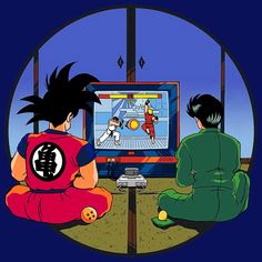 two people sitting in front of a flat screen tv with the dragon ball game on it