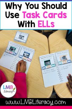 two children sitting at a table with their hands on the desk and text overlay that says, why you should use task cards with ells