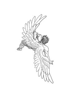 a drawing of an angel flying through the air with its wings spread out and two people on