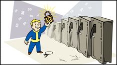 a cartoon man holding up a padlock in front of several lockers with numbers on them