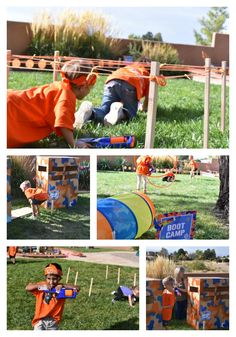 several pictures of children playing in the grass with blocks and ladders on each side