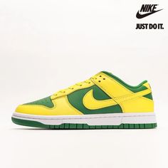 Nike Dunk Low 'Reverse Brazil' DV0833-300-DUNK LOW-The Nike Dunk Low ‘Reverse Brazil’ delivers a color-flipped version of the classic 2001 colorway. The low-profile silhouette dons a two-tone leather upper, featuring a lush Apple Green base with contrasti Green Throwback Sneakers For Streetwear, Urban Green Skate Shoes For Streetwear, Retro Green Skate Shoes For Streetwear, Retro Green Skate Shoes For Sports, Retro Green Custom Sneakers With Boost Midsole, Classic Green Custom Sneakers For Streetwear, Yellow Sneakers With Logo For Streetwear, Yellow Logo Sneakers For Streetwear, Casual Yellow Sneakers With Logo