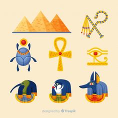 egyptian symbols with pyramids in the background