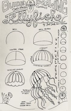 the instructions for how to draw a jellyfish in pencil and ink, with pictures on it