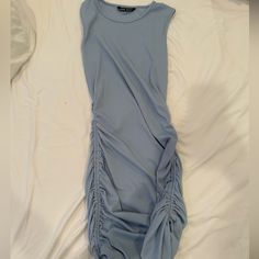 Never Worn. Xs. Light Blue Ruched Dress For Day Out, Chic Light Blue Stretch Midi Dress, Blue Ruched Dress For Day Out, Light Blue Sleeveless Bodycon Dress, Light Blue Stretch Casual Midi Dress, Casual Light Blue Stretch Midi Dress, Chic Light Blue Ruched Bodycon Dress, Casual Blue Ruched Maxi Dress, Casual Light Blue Ruched Dress