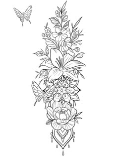 a drawing of flowers and butterflies on a white background