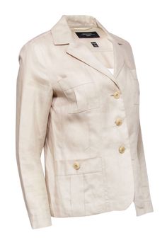 Add a simple yet chic staple to your work wardrobe with this cream Max Mara blazer. You can throw this versatile neutral piece over your favorite workwear separates for a polished look. Pair with your favorite pumps and a tote bag. Size 6 100% linen Buttons down front Single button cuffs Bust 37" Waist 33" Shoulder to hem 23" Sleeve length 22.5" Tailored Cream Blazer For Work, Solid Linen Blazer For Work, Linen Blazer For Work, Linen Blazer For Workwear, Beige Button-up Blazer For Work, Beige Formal Blazer For Spring, Cream Linen Outerwear For Work, Cream Fitted Blazer For Work, Fitted Cream Blazer For Work