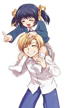 two anime characters hugging each other with one holding the other's head in his arms