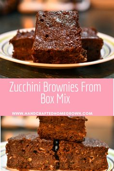 zucchini brownies from box mix are stacked on top of each other with text overlay that reads zucchini brownies from box mix