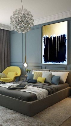 a modern bedroom with blue walls and yellow accents