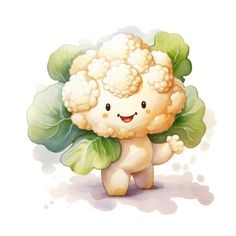 a cute little cauliflower with green leaves on it's back