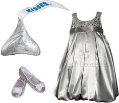 a silver dress and shoes are shown with a white ribbon on the headband, shoelaces, and slippers