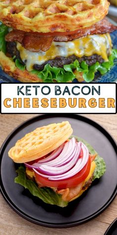 two pictures with different types of burgers on them and the words keto bacon cheeseburger