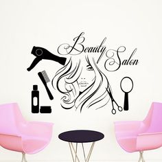 a wall decal that says beauty salon with scissors and hairdryer on it