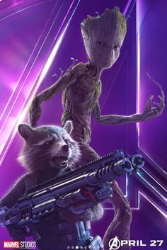 an image of the character rocketr and baby grooter from the avengers movie