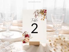 the table numbers are placed next to empty glasses