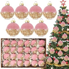 pink and gold baubles are in front of a christmas tree with other decorations