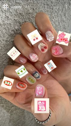 @y_yjenny on insta Sonny Angel Nail Art, Hello Kitty Sticker Nails, Y2k Floral Nails, Korean Kitsch Nails, Sanrio Nail Stickers, Nail Jewelry, Minimalist Nails, Funky Nails