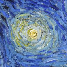 an abstract painting with blue, yellow and white colors in the center is a circular shape