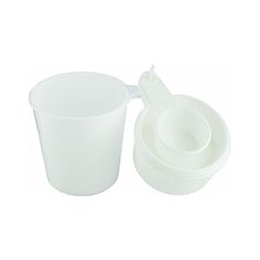 two plastic cups with lids and spoons are shown on a white background, one is empty