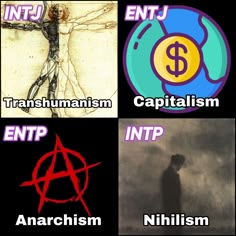 four different types of logos with captions in each one's own language, including the words entj, transse humanism, capitalism, intp, and anarchism