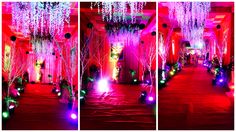 three pictures of the inside of a building with lights and decorations on each side of the room