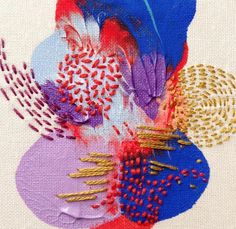 an abstract painting with different colors and patterns on it's surface, including red, purple, blue, and gold