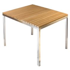 a wooden table with metal legs on a white background