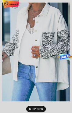 White Contrast Leopard Denim Jacket Denim Shacket, Printed Denim Jacket, Classic Denim Jacket, Denim Patchwork, Printed Denim, Workout Jacket, Light Wash Denim, Look Casual, Color Khaki