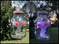 two mason jars with flowers in them on the grass