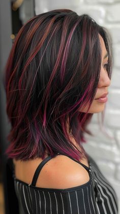 22 Highlight Ideas for Black Hair That Instantly Add Glamour | Lookosm Vivid Hair Highlights, Pink Highlights In Black Hair Short, Diy Peekaboo Highlights At Home Tutorial, Hot Pink Highlights In Black Hair, Black And Pink Hair Short, Pink Highlights In Black Hair, Highlights In Black Hair, Pink Hair Highlights