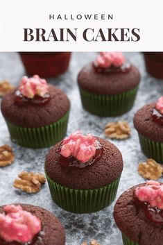 chocolate cupcakes with pink frosting and nuts on the side, in front of a white background