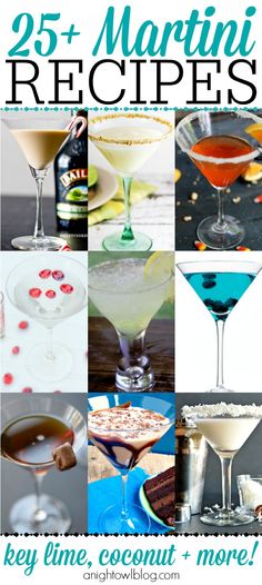 the cover of 25 martini recipes, with pictures of different drinks and desserts in them